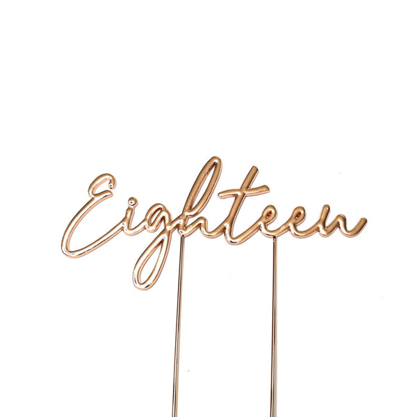 Metal cake topper with the word Eighteen in Rose Gold