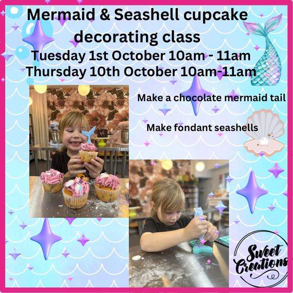 Mermaid & seashell cupcake decorating Tuesday 1st October 10-11am, Thursday 10th October 10-11am