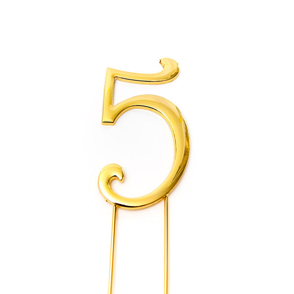 Metal cake topper with the number 5 in Gold
