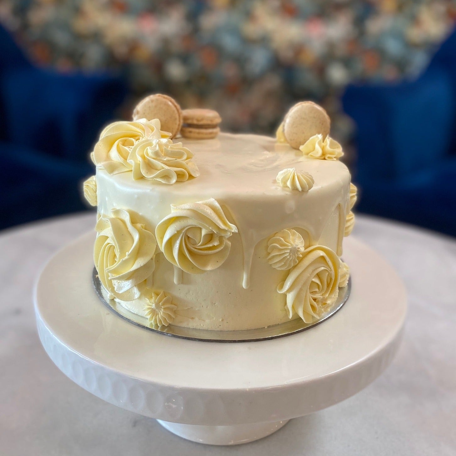White 2 layer cake with Macarons from Sweet Creations in Blenheim, NZ