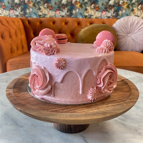Pink 2 layer cake with Macarons from Sweet Creations in Blenheim, NZ