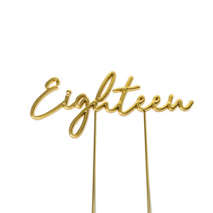 Metal cake topper with the word Eighteen in Gold