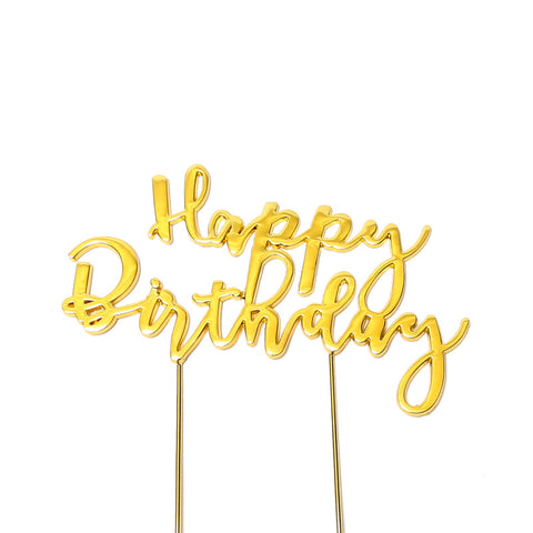 Metal cake topper with the words Happy Birthday in Gold