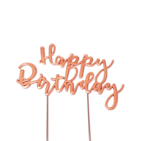 Metal cake topper with the words Happy Birthday in Rose Gold