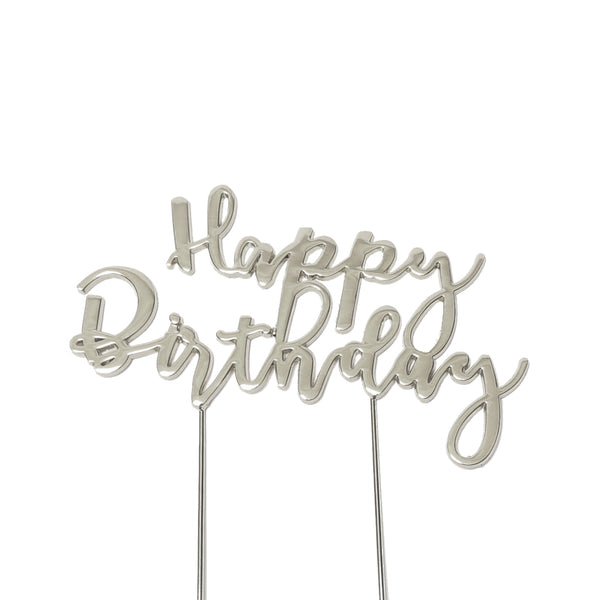 Metal cake topper with the words Happy Birthday in Silver