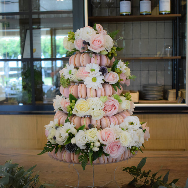Macaron Tower with flowers by Sweet Creations, Blenheim, New Zealand